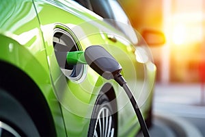 Electric car charging in concept of green energy and eco power. Modern urban environment