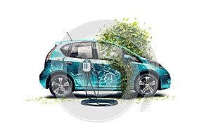 Electric car charging, ecology transportation conept. Picture of an ecological vehicle isolated on white background. Generative AI