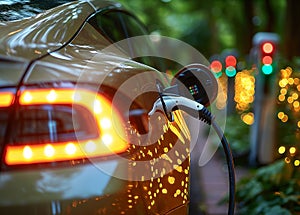 An electric car charging at an electric vehicle charging station