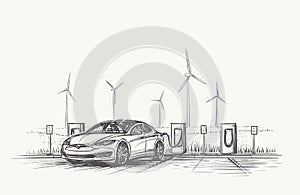 Electric Car charging hand drawn illustration. Vector, eps10.