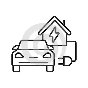 Electric Car Charging at Home icon line design. Car, home, charge, vehicle, ev, electric, charger, isolated on white