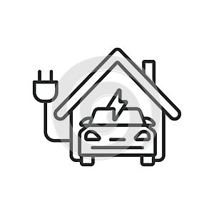 Electric Car Charging at Home icon line design. Car, home, charge, vehicle, ev, electric, charger, isolated on white