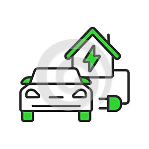 Electric Car Charging at Home icon line design green. Car, home, charge, vehicle, ev, electric, charger, isolated on