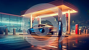 Electric car charging at a modern station with a warm glow on a calm night