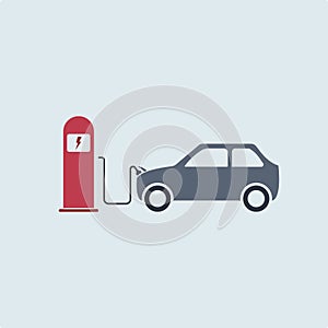 Electric car is charging near the charging station. electric vehicle charging station, charging car, simple icon eco, vector