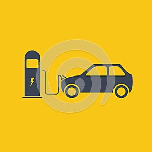 Electric car is charging near the charging station. electric vehicle charging station, charging car, simple icon eco, vector