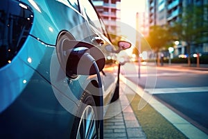 Electric car charging on parking lot with electric car charging station on city street. Electric cars in the row ready for charge