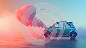 Electric car charging with pink heart-shaped cloud exhaust against a pastel gradient sky, symbolizing eco-friendly love photo