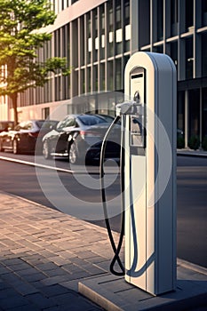 Electric car charging point in the city. EV charging station for electric cars. New era of vehicle fuel. Eco concept