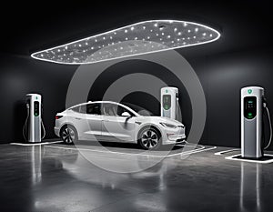 Electric car charging process at charging station