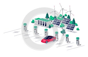 Electric car charging on renewable solar wind charger station with many charging stalls