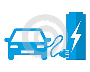 Electric car at the charging station. Blue vector icon illustration pictogram.