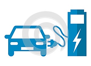 Electric car at the charging station. Blue vector icon illustration pictogram III.