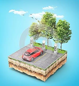 Electric car charging station with car for zero emissions on the piece of ground with grass