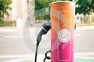 Electric car charging station for charge EV battery. Plug for vehicle with electric engine. EV charger. Clean energy