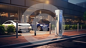 Electric car charging station in the city. EV charging station for electric cars. New era of vehicle fuel. Eco concept
