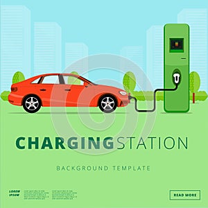 Electric car charging station concept. EV recharging point or EVSE. Plug-in vehicle getting energy from battery supply. photo