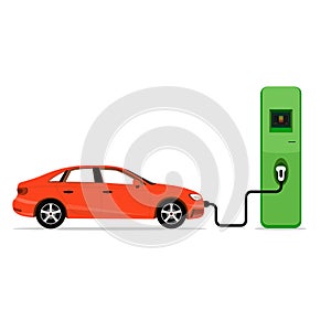 Electric car charging station concept. EV recharging point or EVSE. Plug-in vehicle getting energy from battery supply.