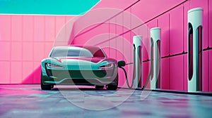 electric car at charging station, concept of renewable energies, eco-friendly transportation