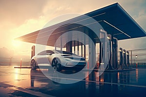 electric car and charging station futuristic city