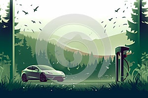 Electric car charging station with green forest nature background - Generative Ai