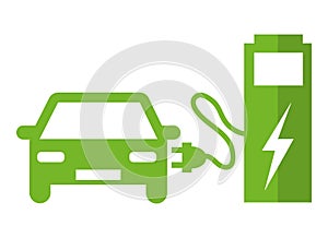 Electric car at the charging station. Green vector icon illustration pictogram III.
