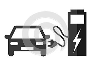 Electric car at the charging station. Grey black vector icon illustration pictogram III.