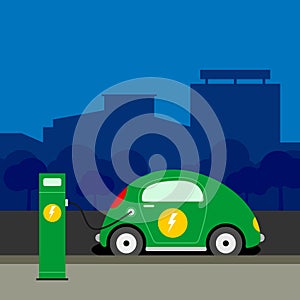 Electric car at charging station illustration