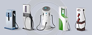 Electric car charging station realistic icon set