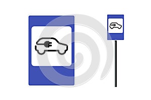 Electric car charging station road sign. Eco friendly clean environment vehicle parking and battery charger place icon