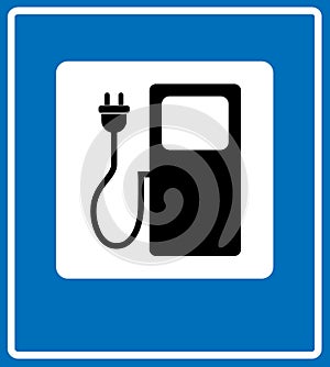 Electric car charging station sign icon against blue. Vector illustration. Simply flat style banner