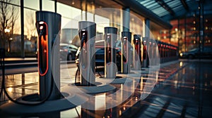 Electric car charging stations provide clean energy for eco-friendly transportation. AI Generated