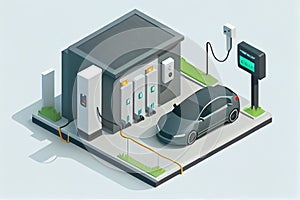 Electric car charging in underground basement garage store on charger station. Battery vehicle standing on parking lot