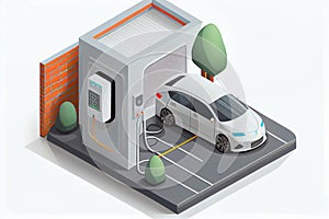 Electric car charging in underground basement garage store on charger station. Battery vehicle standing on parking lot connected
