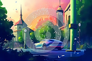 Electric car colorful city in celebration background - Generative Ai