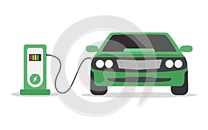 Electric car concept. Charging station on white background. Green electromobile. Ecological transport. Electricity power