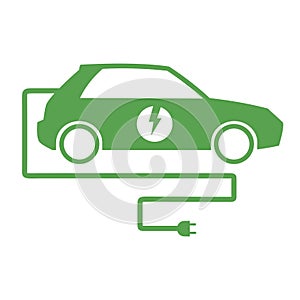 Electric Car concept. Green icon of rechargeable electric car with cable, isolated on white. Flat symbol, simple hand drawn vector