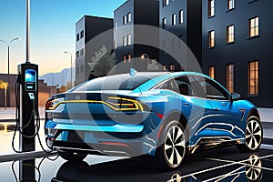 Electric Car Connecting to a Charger Station, Power Cable Firmly Attached, Reflection of Blue Sky on the Surface