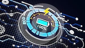 Electric car dashboard display. Futuristic display. Electric Car Charging Indicating the Progress of the Charging