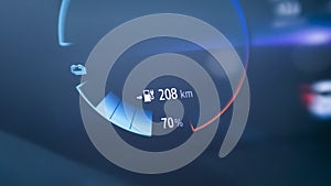 Electric car dashboard with remaining range and battery percent information