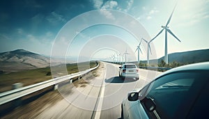 Electric car drive on the wind turbines background. Electric car driving along windmills farm. Alternative energy for cars. Car