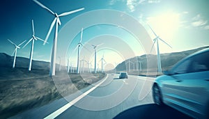 Electric car drive on the wind turbines background. Electric car driving along windmills farm. Alternative energy for cars. Car