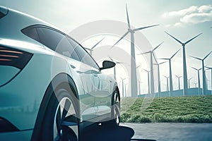 Electric Car Driving Next to Wind Turbines