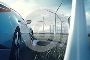 Electric Car Driving Next to Wind Turbines