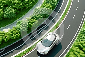 Electric car driving on the road in eco-friendly city with green spaces. Concept of Improvement of ecology and air quality. View