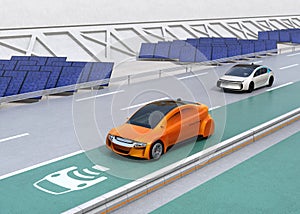 Electric car driving on the wireless charging lane of the highway