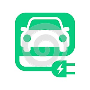 Electric car with E plug green icon symbol, Hybrid vehicles charging point logotype, Eco friendly vehicle concept