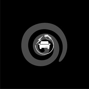 Electric car and electrical cable plug charging icon isolated on dark background