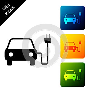 Electric car and electrical cable plug charging icon isolated on white background. Electric car charging sign. Renewable