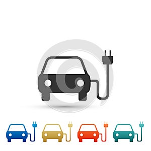 Electric car and electrical cable plug charging icon isolated on white background. Electric car charging sign. Renewable
